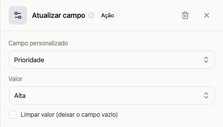 Ação Atualizar campo configurada para definir a prioridade como Alta