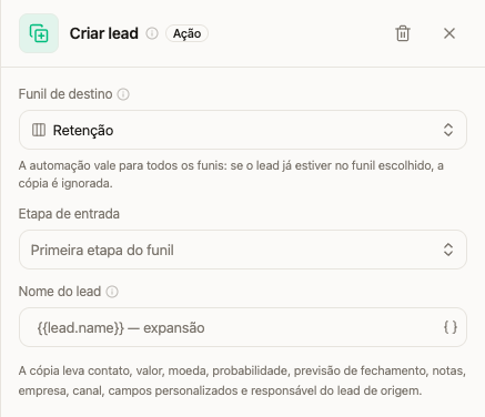 Ação Criar lead com o funil de destino Retenção selecionado