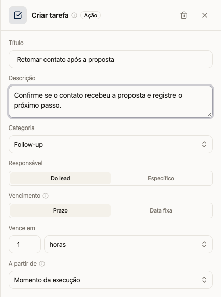 Ação Criar tarefa com título, descrição, categoria e prazo