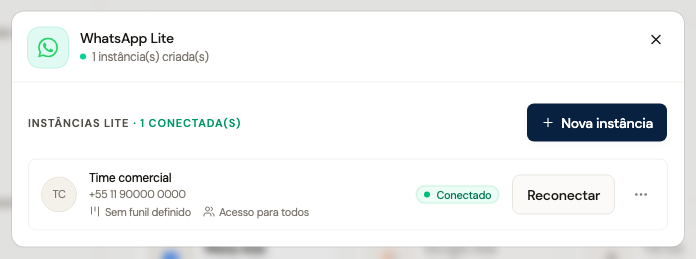 Instância Time comercial com número de exemplo, selo Conectado e ação Reconectar