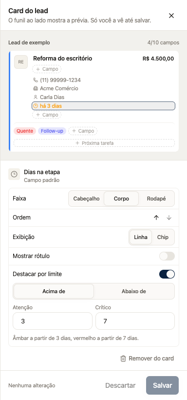 Editor do card com Dias na etapa selecionado e ação Remover do card