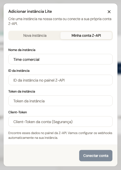 Aba Minha conta Z-API com campos de identificação e credenciais da instância, sem dados preenchidos