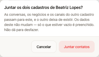 Aviso de junção irreversível com os dados que serão transferidos