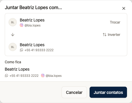 Prévia da junção de cadastros duplicados mostrando Como fica e a ação Inverter
