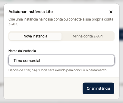 Formulário Adicionar instância Lite com o nome Time comercial e o botão Criar instância