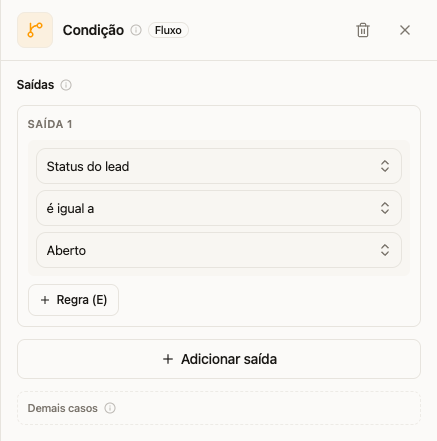 Bloco Condição com a regra Status do lead é igual a Aberto e saída para os demais casos