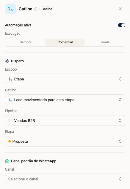 Gatilho de movimentação com escopo Etapa, funil Vendas B2B e etapa Proposta