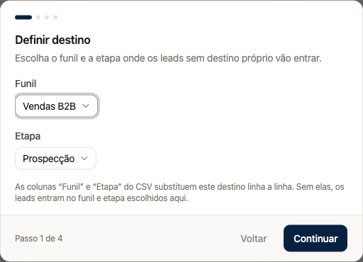 Primeiro passo da importação CSV com seleção do funil e da etapa de destino