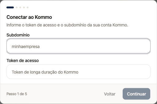 Assistente de conexão ao Kommo com campos Subdomínio e Token de acesso vazios
