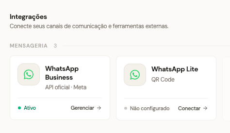 Integrações com o card WhatsApp Lite e a ação Conectar