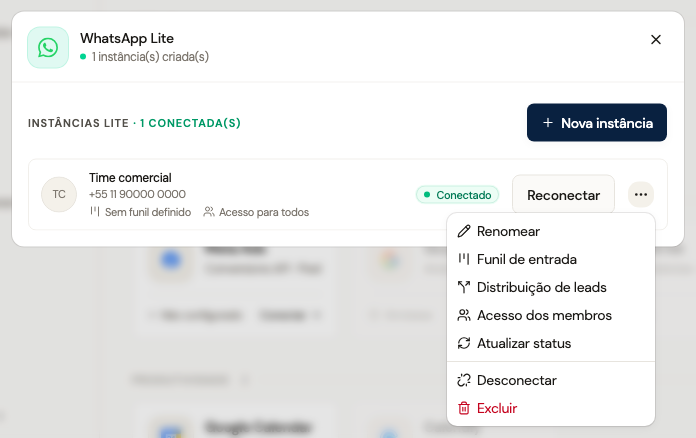 Menu da instância Lite com funil de entrada, distribuição de leads e acesso dos membros