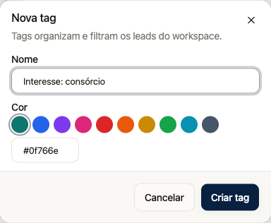 Diálogo Nova tag com nome, cor e confirmação de criação