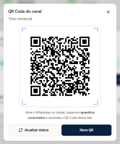 QR Code do canal Time comercial com as ações Atualizar status e Novo QR
