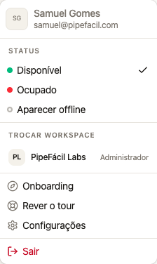 Menu da conta com as opções Disponível, Ocupado e Aparecer offline