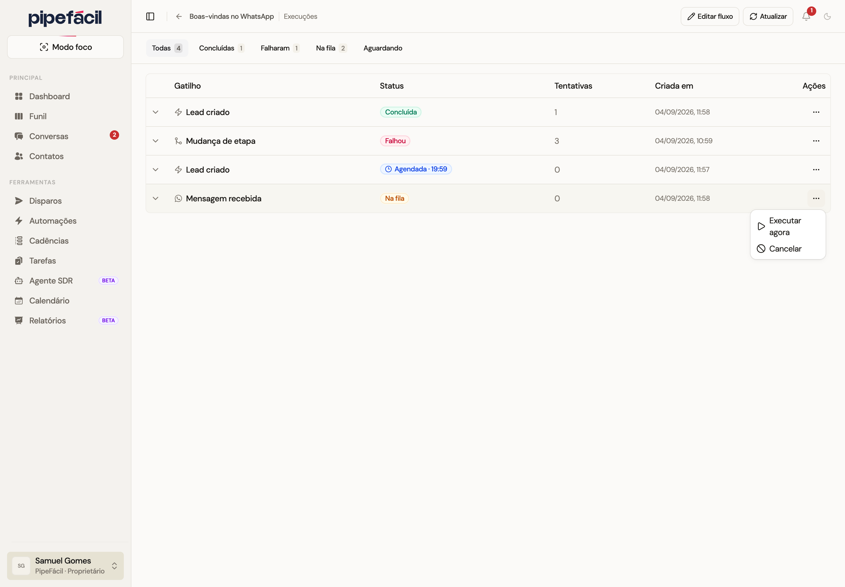 Tela de execuções de uma automação com o menu Executar agora aberto