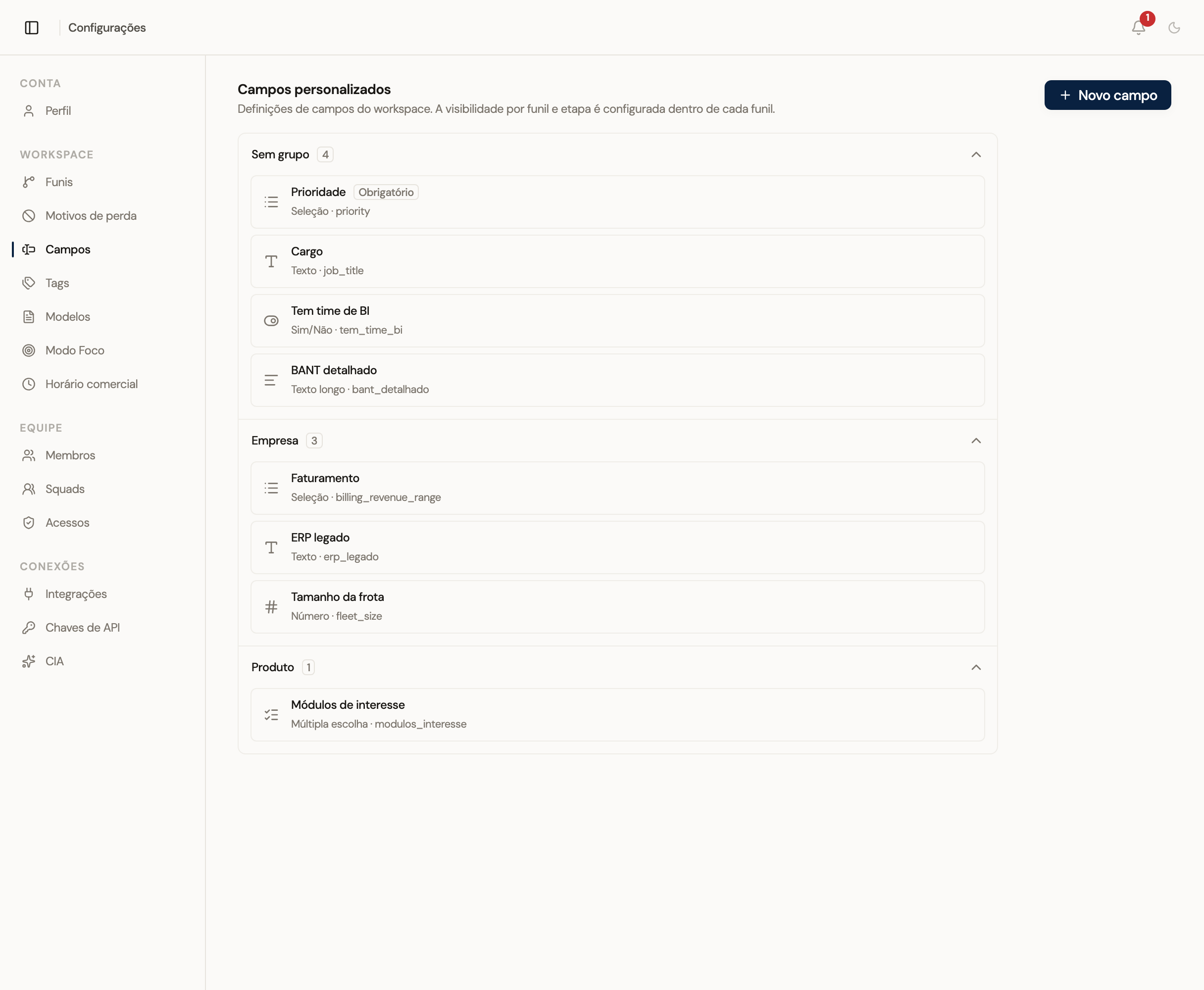 Lista de campos personalizados agrupados por empresa e sem grupo