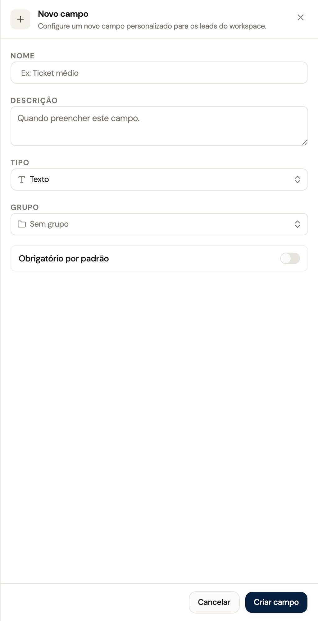 Diálogo Novo campo com nome, descrição, tipo, grupo e obrigatoriedade