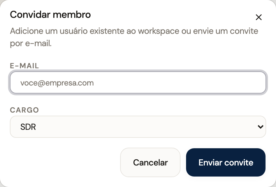 Diálogo Convidar membro com e-mail e seleção de cargo