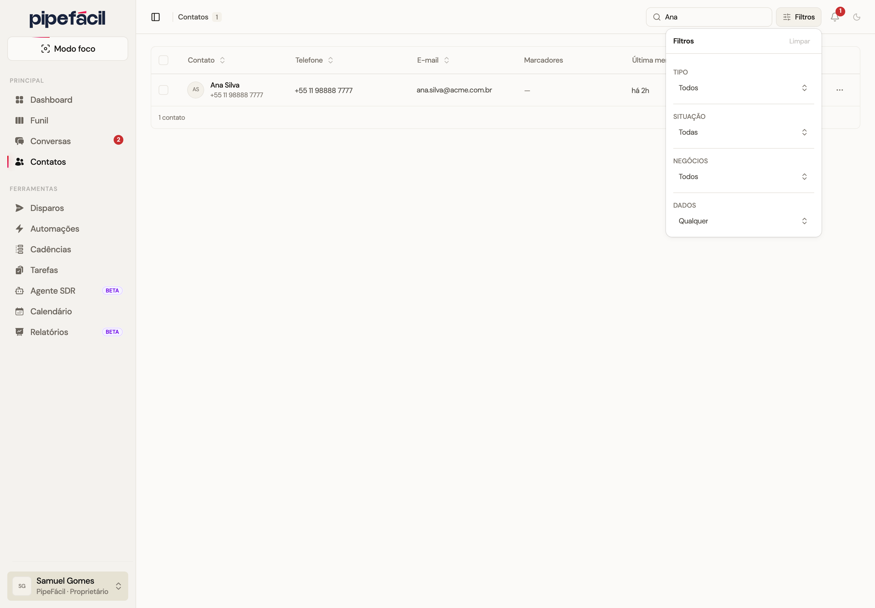 Lista de contatos filtrada por busca com o popover de filtros aberto