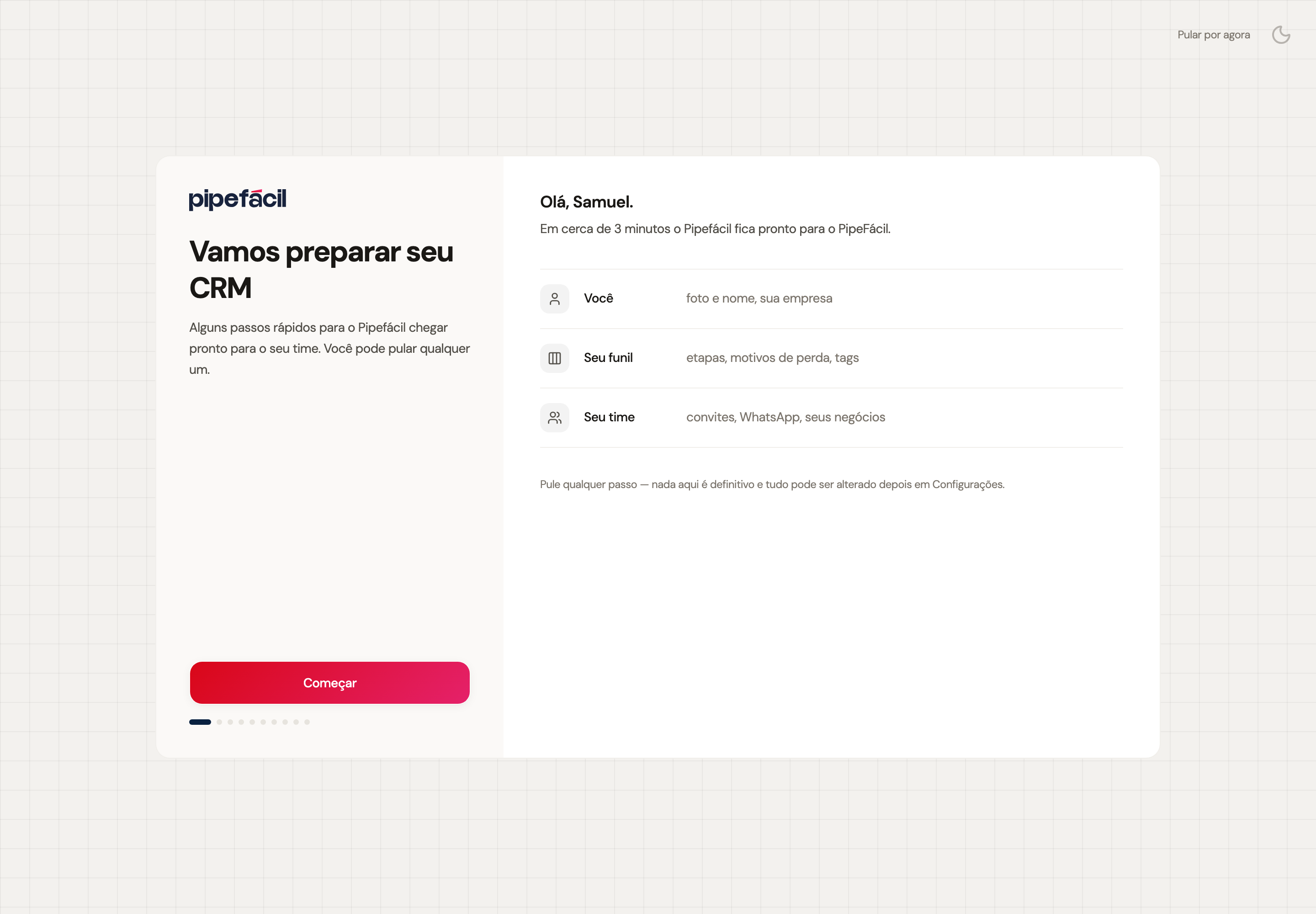 Tela de onboarding do PipeFácil com as etapas de preparação do CRM