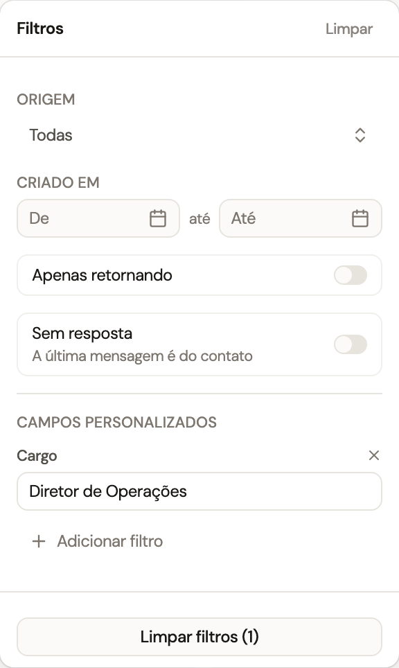 Filtro do funil com o campo personalizado Cargo e um valor exato