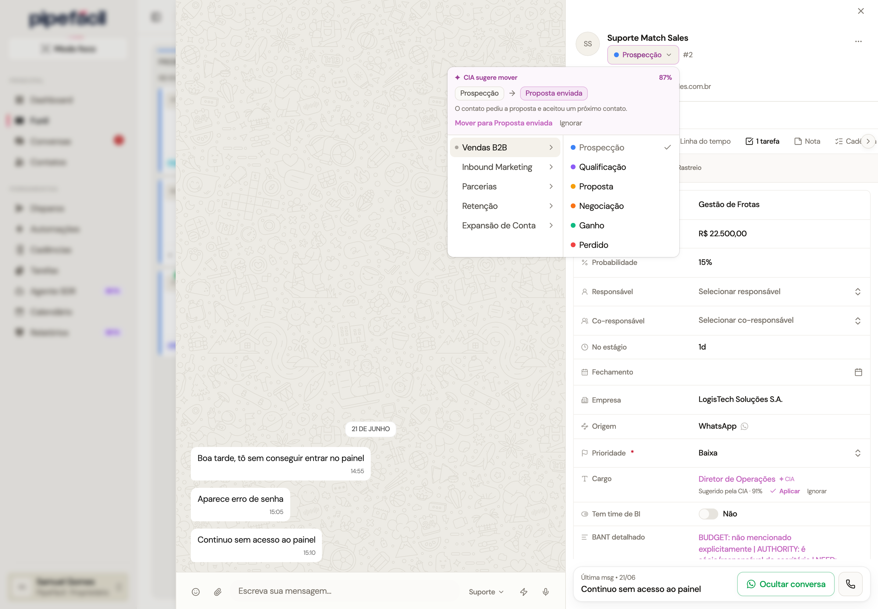 Seletor de etapa com funis à esquerda e etapas de destino à direita