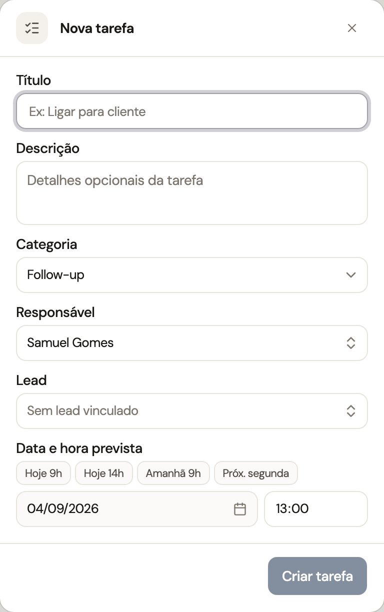 Diálogo Nova tarefa com título, prazo, categoria, responsável e lead